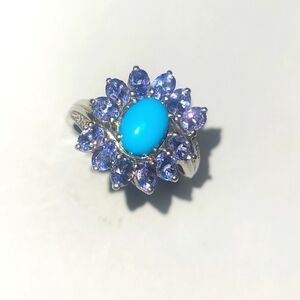 Ring 1.5ct Turquoise w Purple Marquis Iolite Halo Diamond pave accents 925 Rich